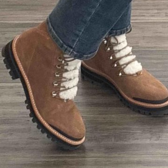 NIB $259 Marc Fisher Izzie suede leather & sheepskin trim lace up boots Lug sole - Picture 3 of 16